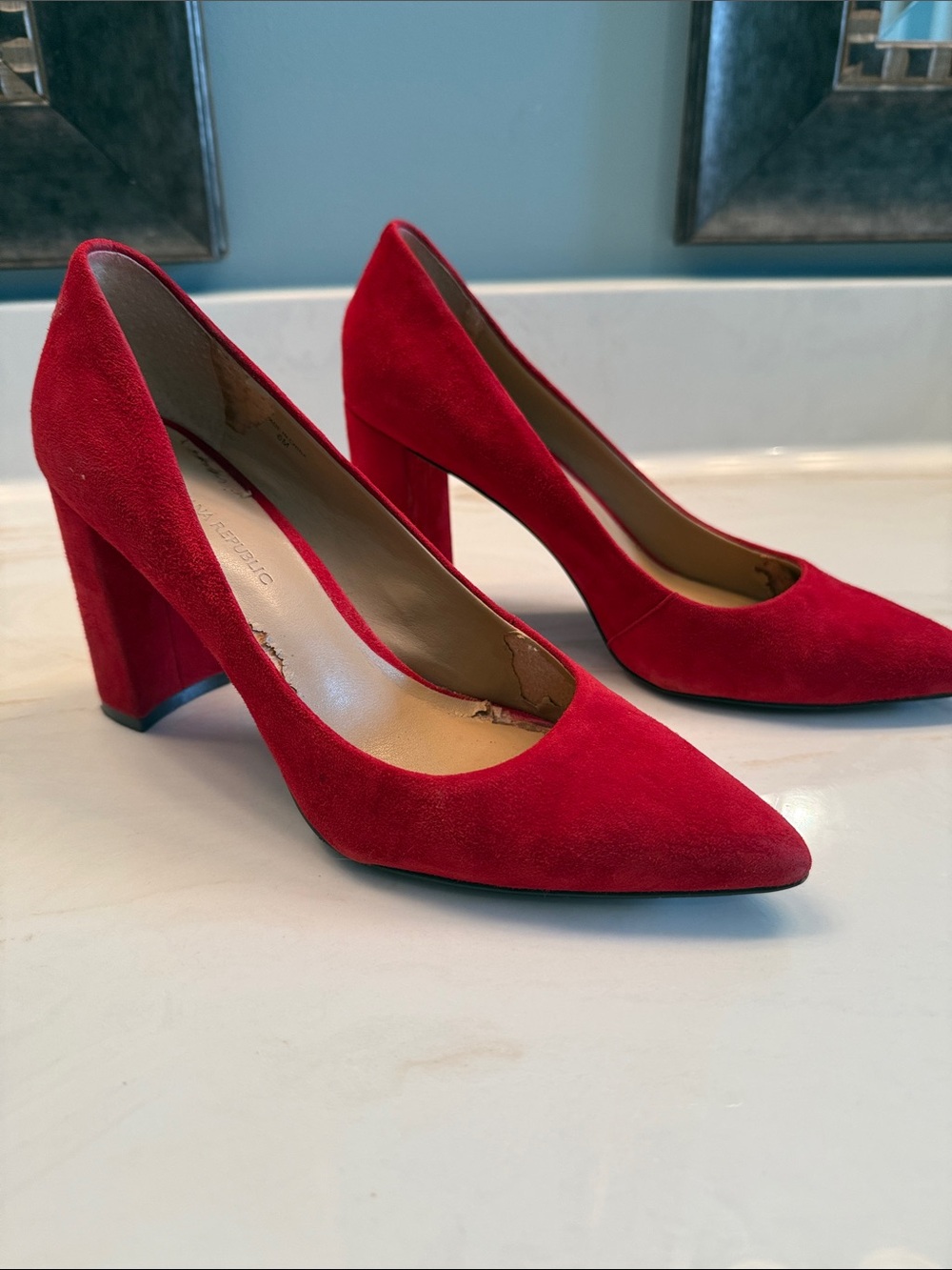 Banana Republic Red Suede Pointed Block Heel Pumps